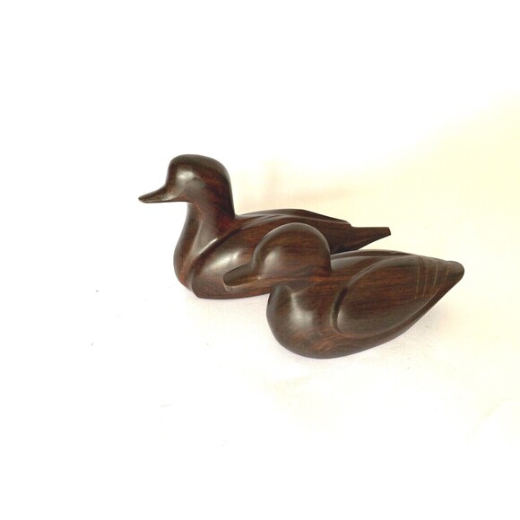 Set of 2 Ducks Figure Folk Art Hand Carved Made in Mexico Heavy Wood - Picture 3 of 5